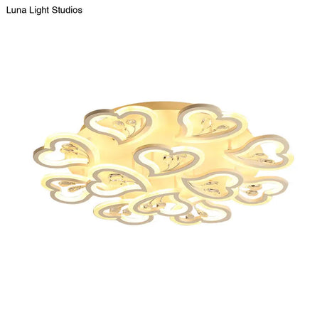White Heart Shape Led Acrylic Ceiling Lamp - Modern Semi Flush Light With Crystal Accent