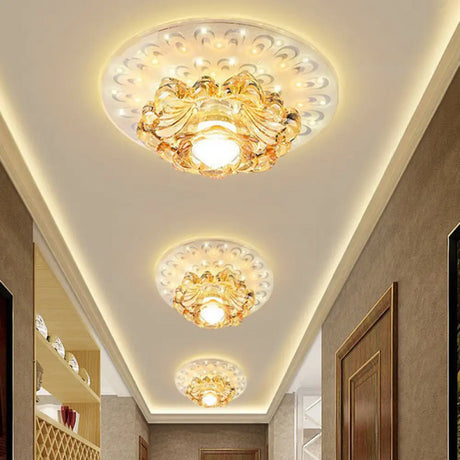 White Led Flush Mount Ceiling Light With Contemporary Floral Crystal Design