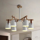 White Metal Chandelier: Barrel Living Room Pendant Lamp with Leather Strap - 6 Lights White