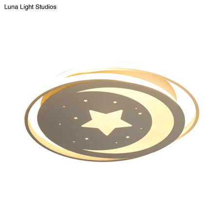 White Metal Moon&Star Ceiling Light - Creative Led Flush Mount For Kids’ Bedroom & Corridor