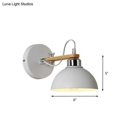 White Metallic And Wood Wall Sconce For Bedroom - Simple Style Bowl-Shaped Light Fixture.