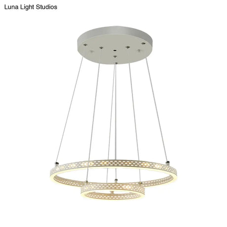 White Metallic Led Minimalist Pendant Chandelier - 2-Tier Hoop Dining Room Down Lighting