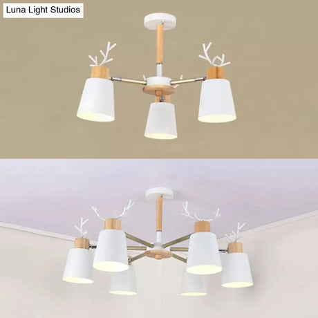 White Nordic Style Antler Chandelier - Metal Bucket Hanging Light For Living Room