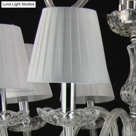 White Pleated Fabric Chandelier With Crystal Pendalogues - Transitional Pendant Light