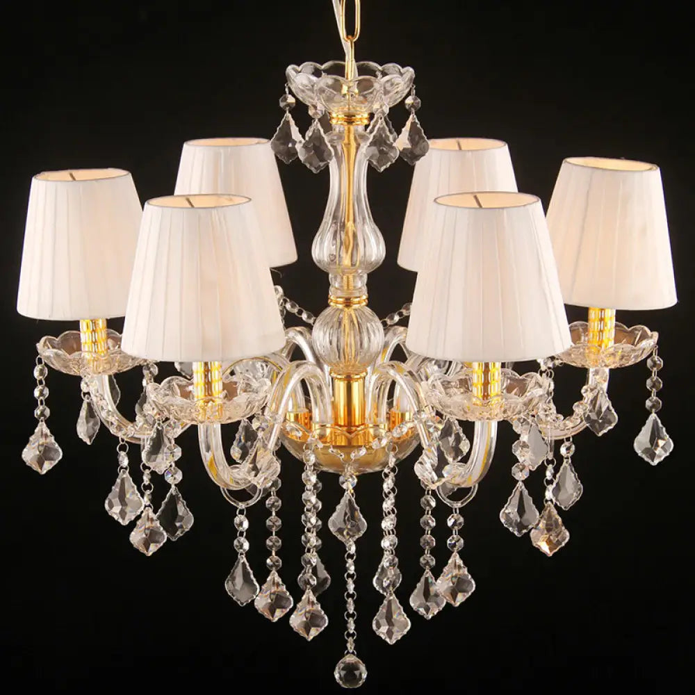 White Pleated Fabric Chandelier With Crystal Pendalogues - Transitional Pendant Light 8 / Gold