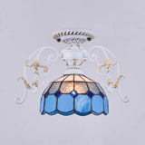 White Semi Flush Tiffany Style Ceiling Light With Stained Glass Dome Shade- 1