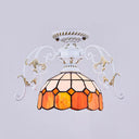 White Semi Flush Tiffany Style Ceiling Light With Stained Glass Dome Shade- 1