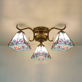 White Stained Glass Ceiling Light With Leaf/Flower/Diamond Pattern - 3-Light Semi Flushmount /
