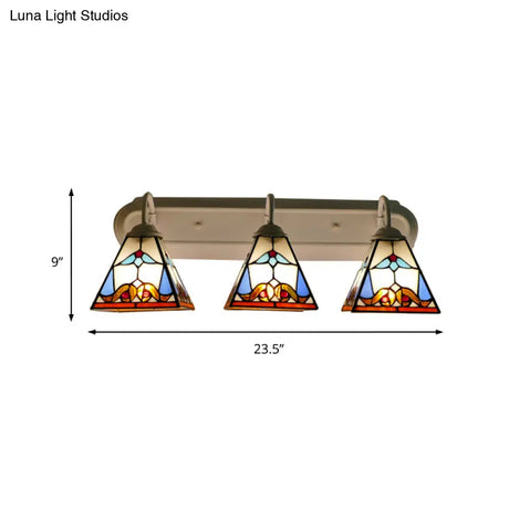 White Stained Glass Sconce Lighting - Tiffany Pyramid 3-Head Wall Fixture