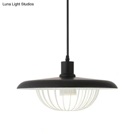 Wire Cage Down Lighting Pendant With Metal Shade - Modern Style Fixture