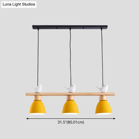Wood & Metal Macaron Bowl Pendant Light With 3 Lights For Island Electric Socket