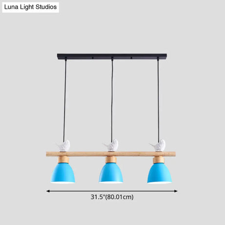 Wood & Metal Macaron Bowl Pendant Light With 3 Lights For Island Electric Socket
