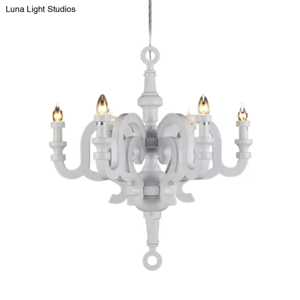 Wooden Candlestick Chandelier - Traditional 6-Head Pendant Light For Living Room Ceiling White