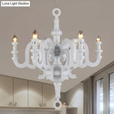 Wooden Candlestick Chandelier - Traditional 6-Head Pendant Light For Living Room Ceiling White