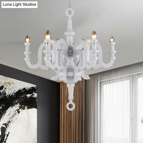 Wooden Candlestick Chandelier - Traditional 6-Head Pendant Light For Living Room Ceiling White