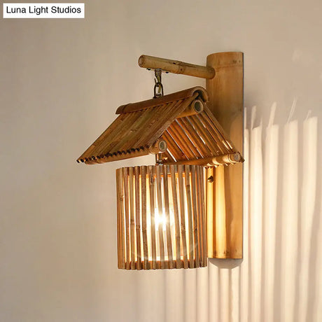 Wooden House Shaped Wall Light Sconce - Lodge Style Bamboo Lamp For Balcony