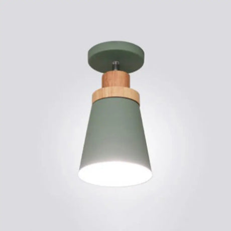 Wooden Nordic Modern Hallway Ceiling Light With Metal Shade - 1-Light Semi Flush Mount Green / Cone