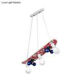 Wooden Skateboard Shaped Chandelier Lamp - Cartoon-Style 3 Lights Red/Blue