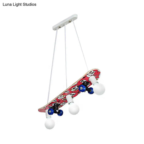 Wooden Skateboard Shaped Chandelier Lamp - Cartoon-Style 3 Lights Red/Blue