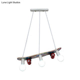 Wooden Skateboard Shaped Chandelier Lamp - Cartoon-Style 3 Lights Red/Blue