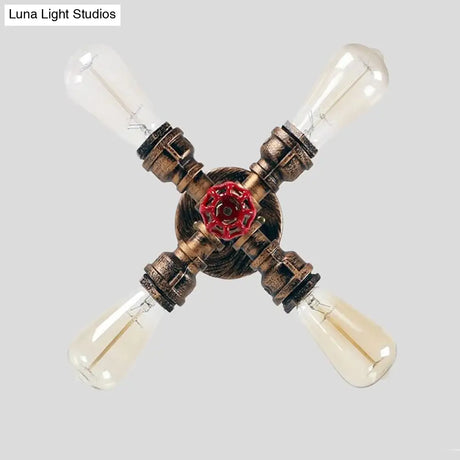 Wrought Iron Farmhouse Wall Lamp - 4 Light Bronze Sputnik With Exposed Bulbs And Valve