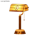 Yellow Glass Tiffany Nightstand Light With Swivel Arm - Half-Prism Pull Chain Table Lamp