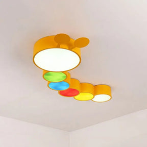 Yellow Metallic Cartoon Caterpillar Led Flush Mount Ceiling Light For Kindergarten’ Or