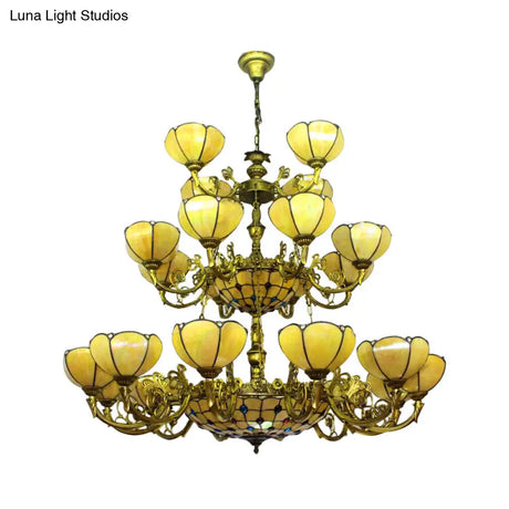 Yellow Tiffany Antique Hanging Light With Glass Dome Shade - Ideal For Villa Or Hotel Chandelier